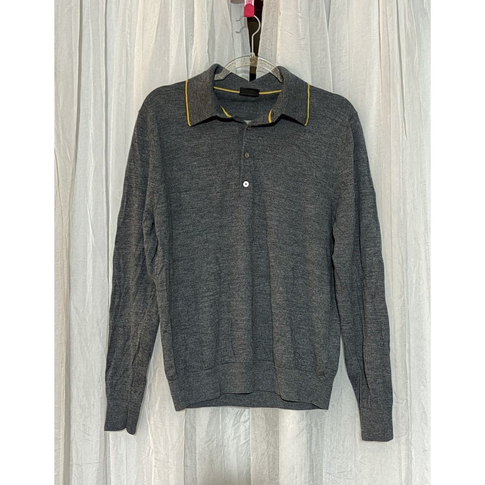 PS‎ Paul Smith Merino Wool Polo Sweater Men XL Slim Fit Gray Button Knit Yellow